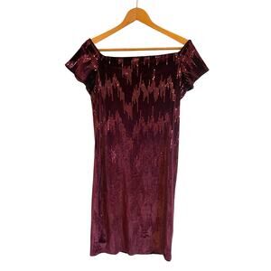 Snap Burgundy Velvet Sequin Dress Short Off Shoulder Sleeves Knee Length XL